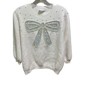 DeeDee Boutique Cream Crew Neck Sweater with Bow & Beads Medium